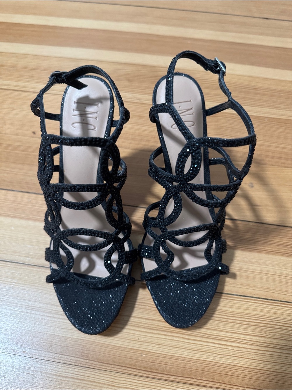 INC International Concepts Black Glitter Strappy Heels